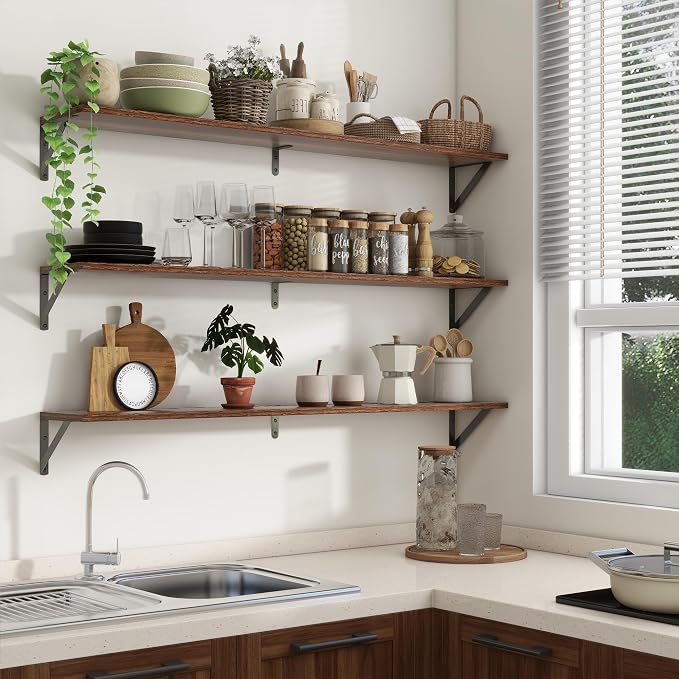 Axeman 48 Inch Floating Shelves | 8 Inch Deep Walnut Wall Shelves Set of 2 | 47.3W x 8D Rustic Wood Shelves for Bookshelf Living Room Bedroom Home Office Bathroom