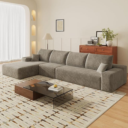 135" Corduroy Couch Sectional with Chaise, L Shape Boneless Cloud Couches for Living Room Bedroom, Modular Corner Couch, Fluffy Deep Seat Compression Sofa, Left Facing Chaise, No Assembly, Camel