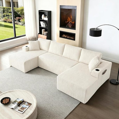 124" Modular Sectional Sleeper Sofa, Boneless Cloud Couch for Living Room, U Shaped 5 Seat Sofa with 2 Storage Pockets& 2 Cup Holders, Free Combination, No Assembly Required