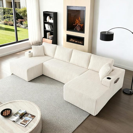 124" Modular Sectional Sleeper Sofa, Boneless Cloud Couch for Living Room, U Shaped 5 Seat Sofa with 2 Storage Pockets& 2 Cup Holders, Free Combination, No Assembly Required