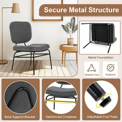 Giantex Modern Armless Accent Chair - Sherpa Reading Chair with Sponge Padding, Adjustable Foot Pads & Metal Frame, Upholstered Side Chair for Living Room, Bedroom & Reading Room, Grey