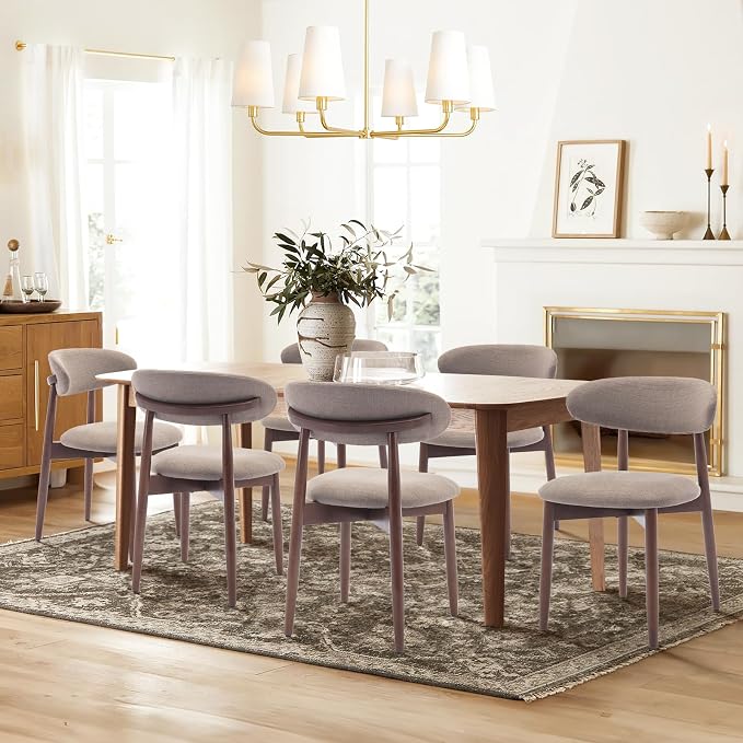 COLAMY Wooden Dining Chairs Set of 6, Modern Fabric Upholstered Kitchen Side Chairs, Farmhouse Dining Room Chair with Foot Pegs, Camel