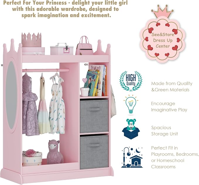 UTEX Kids Armoire Wardrobe Closet with Mirror and Storage Bin, Pink, 33.4 in W x 15.75 in D x 44.5 in H | See and Store Kids Wardrobe, Toddler Dress Up Rack, Open Hanging Armoire Closet, Water-based Paint, Princess Style
