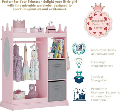 UTEX Kids Armoire Wardrobe Closet with Mirror and Storage Bin, Pink, 33.4 in W x 15.75 in D x 44.5 in H | See and Store Kids Wardrobe, Toddler Dress Up Rack, Open Hanging Armoire Closet, Water-based Paint, Princess Style