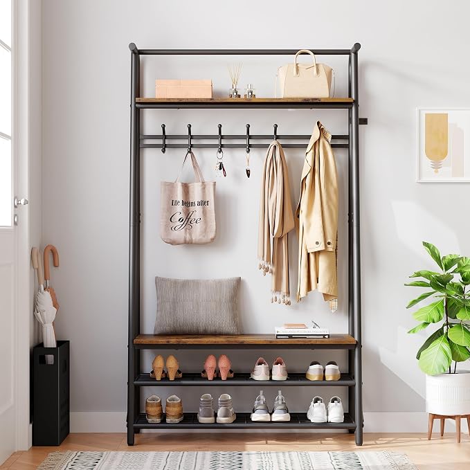 Jojoka Coat Rack Hall Tree with Shoe Storage Bench, 4-in-1 Entryway Organizer with 10 Hooks & 3-Tier Shoe Rack, Sturdy Metal Frame Freestanding Storage Unit for Hallway (Brown-Single Row, 39.4in)