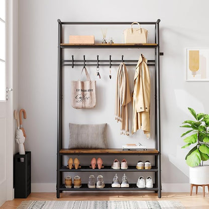 Jojoka Coat Rack Hall Tree with Shoe Storage Bench, 4-in-1 Entryway Organizer with 10 Hooks & 3-Tier Shoe Rack, Sturdy Metal Frame Freestanding Storage Unit for Hallway (Brown-Single Row, 39.4in)