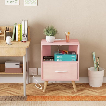 Huhote Kids Nightstand, 2-Tier Night Stand with Charging Station and Drawer, Modern Side Table for Bedroom, Study Room Small Spaces, Pink