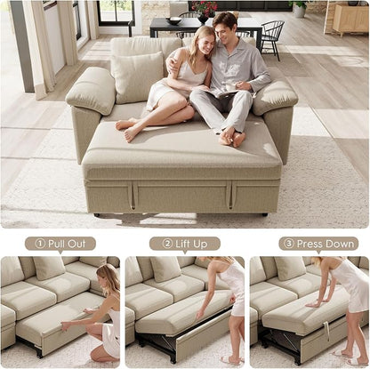 Ihanherry 61" Loveseat Sleeper Sofa, 2-in-1 Pull Out Couch Bed with 2 Pillows, Chenille Convertible Sofa Bed, Small Space Sleeper Couch for Living Room Apartment (Sand)