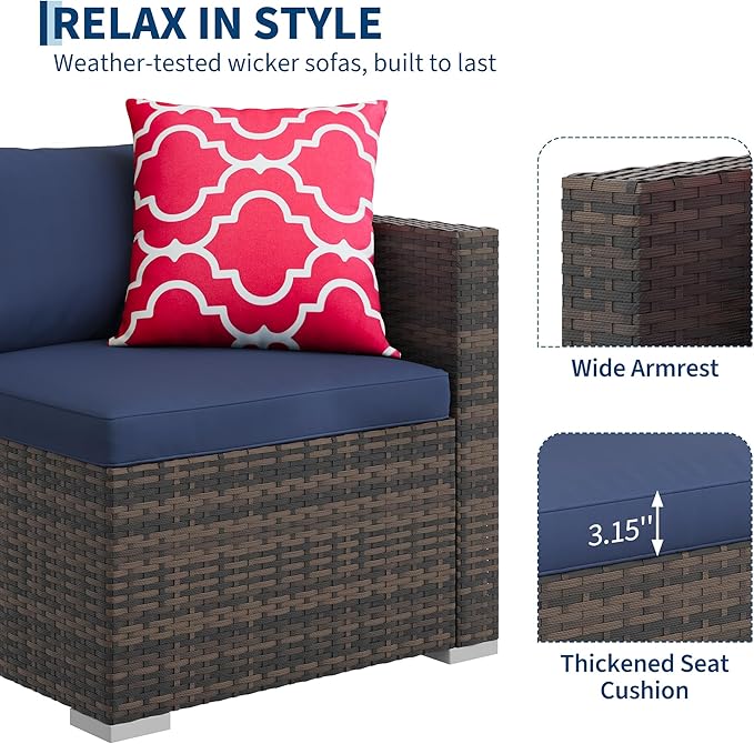 5-Piece Outdoor Sectional Sofa Set, All-Weather PE Rattan Patio Furniture with Ottoman & Tempered Glass Table, Convertible Garden Couch for Backyard, Porch, Poolside (Brown/Dark Blue)