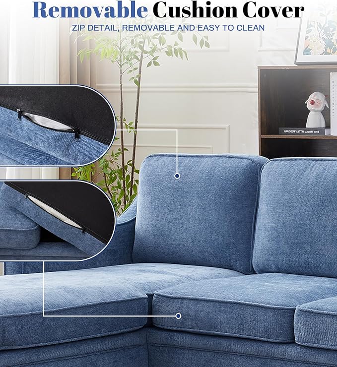 Kingfun 88" L-Shape Sofa, Chenille Sectional Couch, Mid Century Modern Couches with Solid Wood Frame for Living Room Bedroom