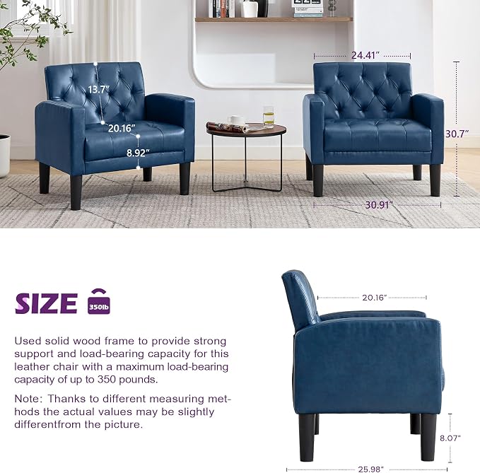 TYBOATLE Accent Chair Comfy Living Room Chair Leather Tufted Mid Century Modern Accent Chair, Small Cozy Reading Arm Chair for Office, Bedroom (1, Blue)