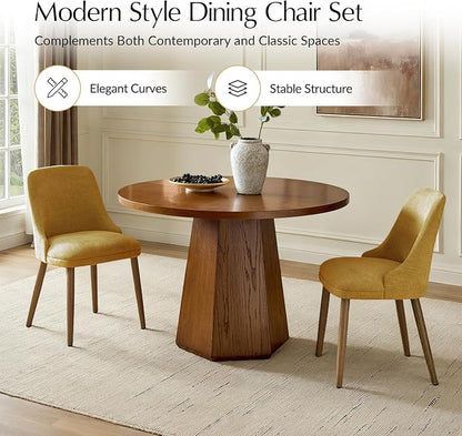 Upholstered Dining Chairs Set of 6, Fabric Dining Room Chairs with Curved Backrest, Solid Wood Legs, Modern Kitchen Chairs for Dining Room Living Room, Mustard