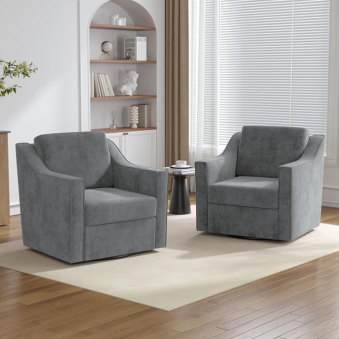 Swivel Accent Chair Set of 2, Comfy Chenille Swivel Chair with Deep Seat, Upholstered Armchair with 360 Degree Rotation Base, Single Sofa Reading Chair for Living Room Bedroom, Gray