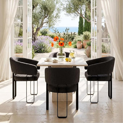 Modern Barrel Dining Chairs Set of 4, Black Boucle Kitchen Chairs with U-Shaped Stainless Steel Legs, Armchair with Open Back for Living Room Bedroom Makeup Room