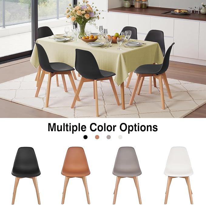 VECELO Dining Chairs Set of 4, Mid-Century Modern Kitchen & Dining Room Chairs, Molded Plastic Seat & Back, Solid Wood Legs, Armless, Non-Slip Feet, Black