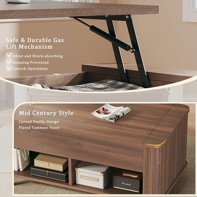 Lift Top Coffee Table with Storage, 41" Mid Century Modern Coffee Table with Fluted & Curved Profile Design, Hidden Storage Compartment, Lower Shelf Center Table for Living Room Office, Walnut