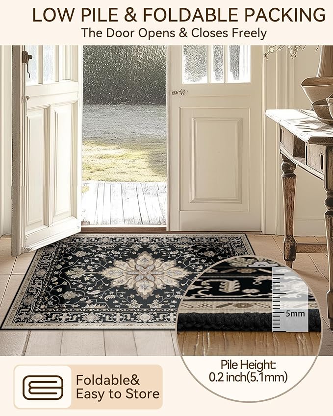 RELEANY Area Rugs Runner 2'x8' Washable Non-Slip, Floral Vintage Distress Medallion Carpet for Kitchen Hallway Bedroom Beside Laundry Room Bathroom, Black Brown Neutral Dark Tan