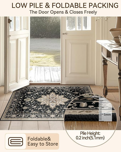 RELEANY Area Rugs Runner 2'x8' Washable Non-Slip, Floral Vintage Distress Medallion Carpet for Kitchen Hallway Bedroom Beside Laundry Room Bathroom, Black Brown Neutral Dark Tan
