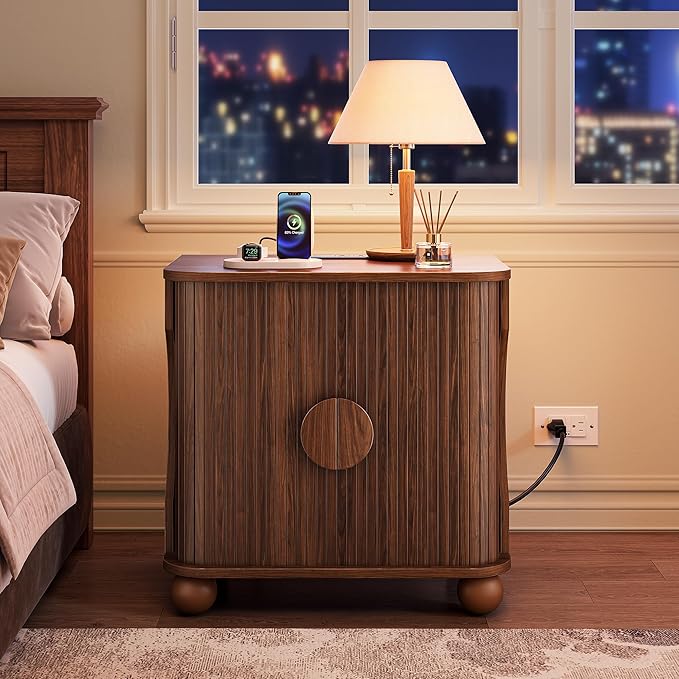 Modern Square Nightstand with Charging Station and Sliding Doors, Modern Bedside Table with Round Wooden Sliding Door Handle, Suitable for Bedroom (Walnut)