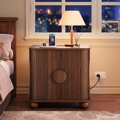 Modern Square Nightstand with Charging Station and Sliding Doors, Modern Bedside Table with Round Wooden Sliding Door Handle, Suitable for Bedroom (Walnut)