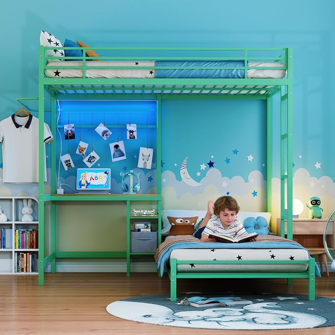Bellemave Twin Over Twin bunk Bed with Desk and LED Charging Station, loft Bed with Desk and Shelves Drawer, Twin Over Twin Metal Bunk Beds with Storage, Green