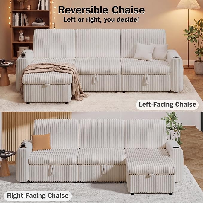 Vipbear 101" Sectional Sleeper Sofa with Pull Out Bed,5-Level Adjustable Backrest,3 Seat Modular Couch with Storage,Tool Free Assembly,USB & Cup Holders, Corduroy Sofa for Living Room,Beige