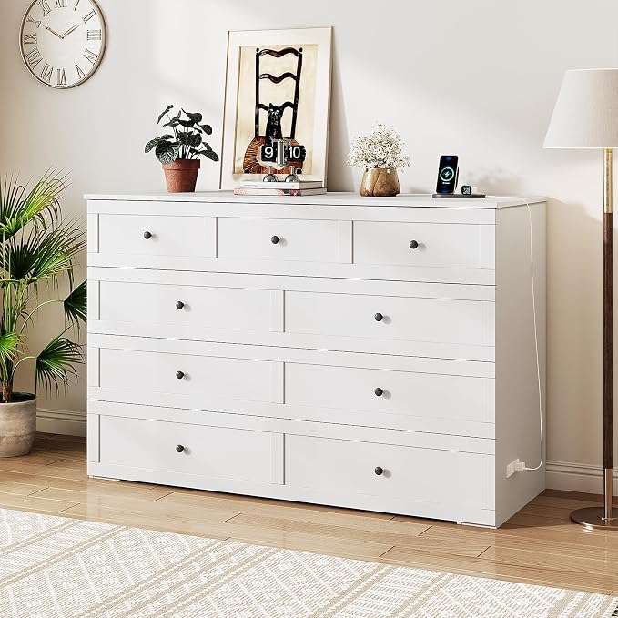 LIVAUVEAD Queen Murphy Bed with Drawer Storage & Charging Station, Murphy Bed Cabinet with Foldable Panel, for Guest Bedroom, Living Room, Office, White