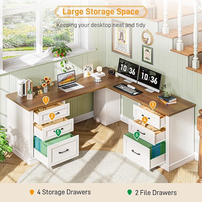 Vabches Farmhouse 59" L-Shaped Executive Desk with File Drawers, Wood Corner Sturdy Writing Workstation with Storage Drawers, Rustic Computer Writing Desk for Home Office & Study. Unique White