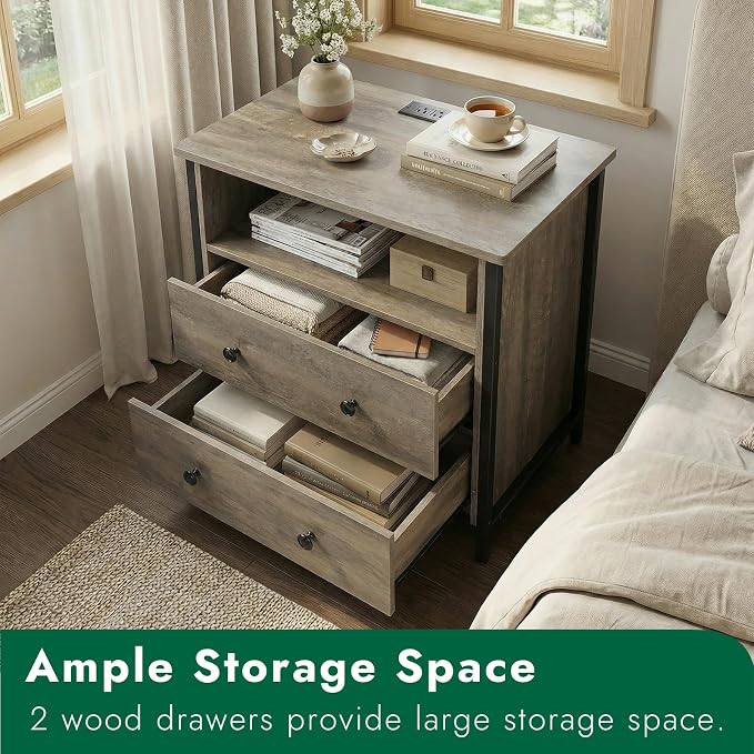 27" LED Nightstand Set 2 with Charging Station, 2 Drawers, Gray | Solid Wood and Steel Frame, 2 AC Outlets, 2 USB Ports, RGB App Control, Open Storage, Adjustable Feet, for Bedroom or Office