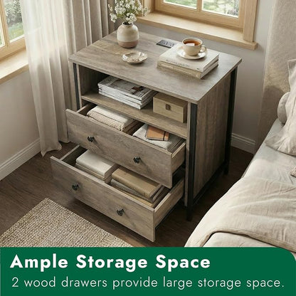 27" LED Nightstand Set 2 with Charging Station, 2 Drawers, Gray | Solid Wood and Steel Frame, 2 AC Outlets, 2 USB Ports, RGB App Control, Open Storage, Adjustable Feet, for Bedroom or Office