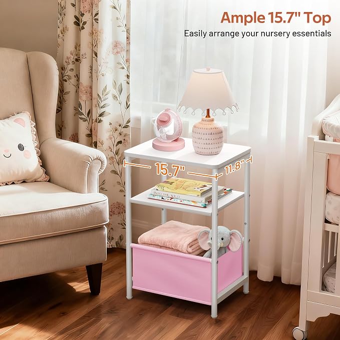 MISSLO Toddler Nightstand with Storage Basket Kids Nightstand with Large Tabletop Nursery Side Table for Living Room Easy Assembly Small End Tables for Small Spaces Toddler Bedroom Decor
