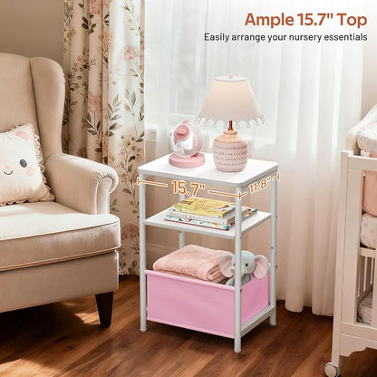 MISSLO Toddler Nightstand with Storage Basket Kids Nightstand with Large Tabletop Nursery Side Table for Living Room Easy Assembly Small End Tables for Small Spaces Toddler Bedroom Decor