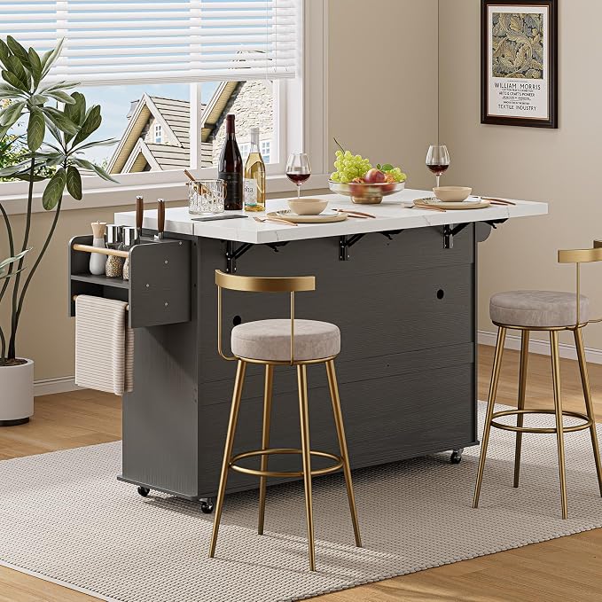 ONBRILL 60" Kitchen Island with Power Outlet & Drop Leaf, Rolling Island with Spice Rack & Towel Rack, Kitchen Island Cart with Trash Storage Cabinet, Island Table for Kitchen, Grey+Imitation Marble