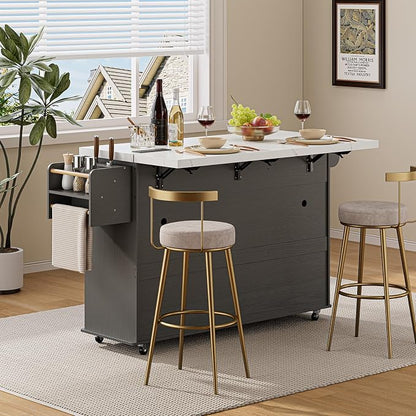 ONBRILL 60" Kitchen Island with Power Outlet & Drop Leaf, Rolling Island with Spice Rack & Towel Rack, Kitchen Island Cart with Trash Storage Cabinet, Island Table for Kitchen, Grey+Imitation Marble