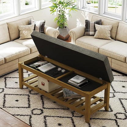 Befurtori Large Rectangular Upholstered Ottoman Bench, Linen Tufted Footrest Ottoman with Solid Wood Shelf Storage Coffee Table for Bedroom Living Room, Granite