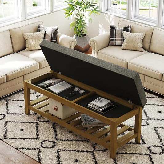 Befurtori Large Rectangular Upholstered Ottoman Bench, Linen Tufted Footrest Ottoman with Solid Wood Shelf Storage Coffee Table for Bedroom Living Room, Granite