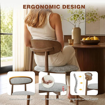 Wooden Dining Chairs Set of 2, Modern Fabric Upholstered Dining Room Chair, Kitchen Side Chairs, Farmhouse Dinner Chair with Curved Back for Kitchen, Lightgrey