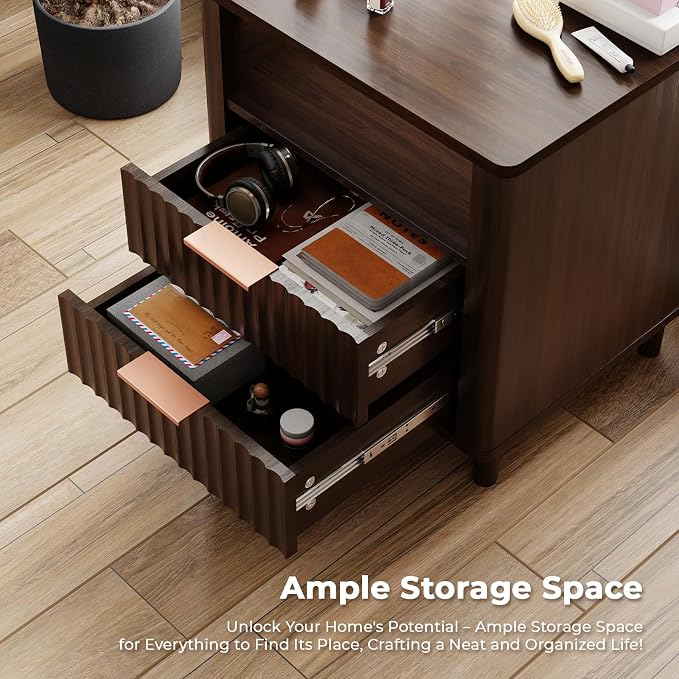 Fluted Nightstand Set of 2, 2 Drawers Storage Bedside Table with Charging Station, Wood Modern Nightstand with Open Shelf, Curved Profile Design, End Table for Indoor Room Bedroom, Walnut