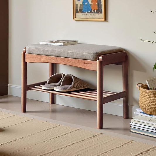 Solid Wood Shoe Bench Assembled, Shoe Rack Bench with Gray Cushion for Entryway, Living Room, Bedroom, Hallway, 11.8" x 23.6" x 16.5", Walnut
