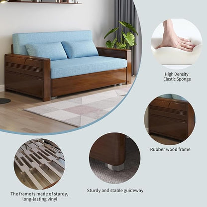 3 in 1 Pull-Out Convertible Sofa Bed, 59" Blue Plush Cushion Sleeper Couch, Reversible Chaise, Walnut Solid Wood Frame for Home, Office, Apartment