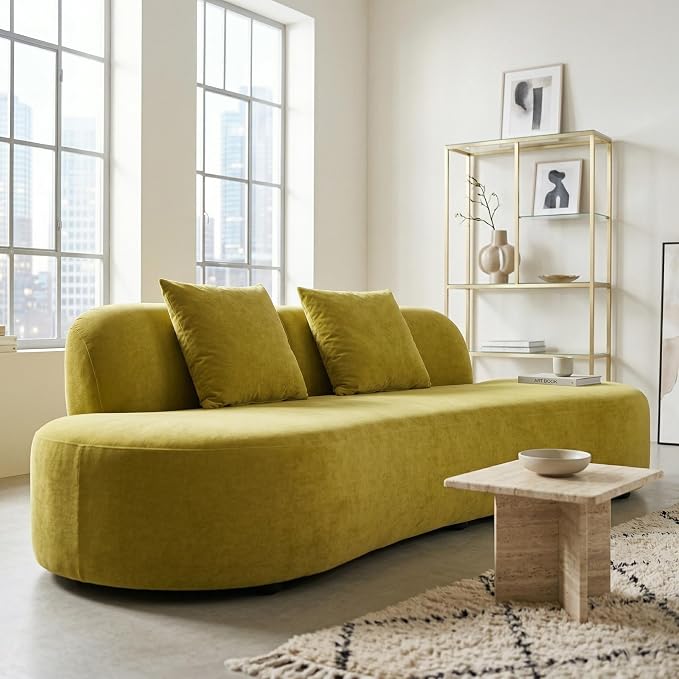 Container Furniture Direct 90" Curved Sofa with Throw Pillows, 4 Seater Luxury Velvet Couch with Half Moon Design and High-Density Foam, for Modern Living Room, Office & Apartment, Olive Green