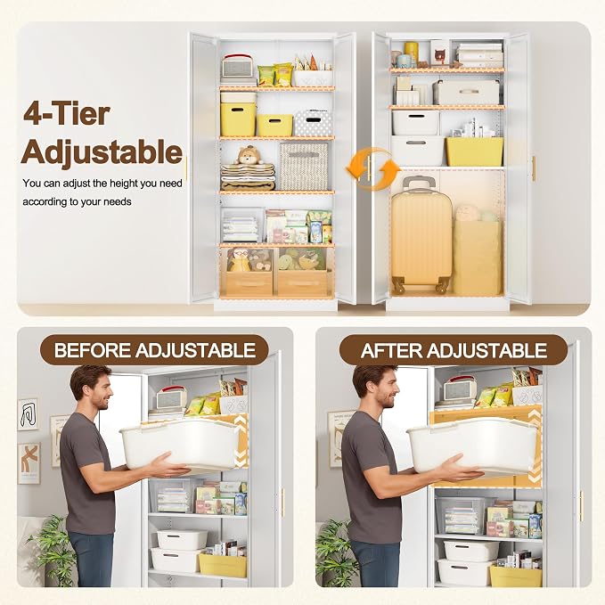 71" H Kitchen Storage Cabinet with 4 Adjustable Shelves, Metal Pantry Cabinet, Pantry Organizers and Storage Cabinet for Kitchen, Bathroom, Living Room (White)