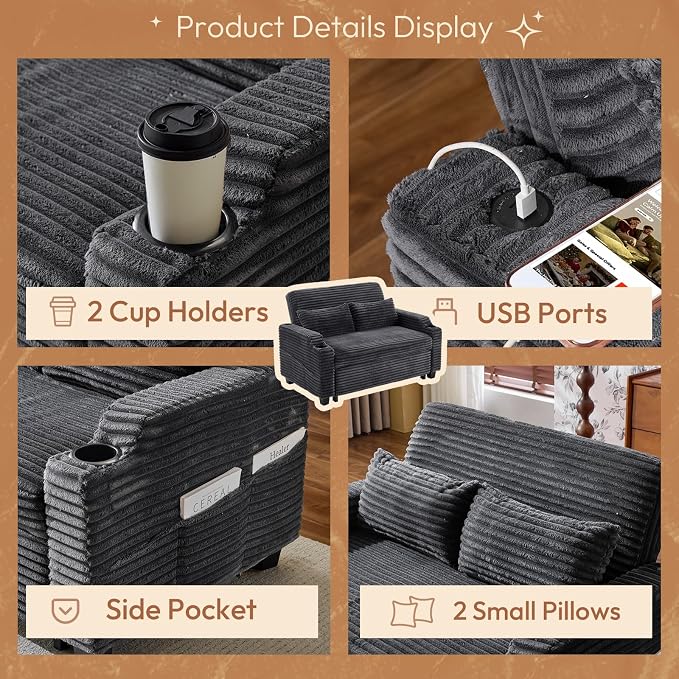 VINGLI Dark Gray Futon Sofa Bed Convertible Loveseat Sleeper Sofa Couch, Corduroy Pullout Sofa Fold Out Couch Bed with USB Ports, Cup Holders, Armrest for Living Room, Bedroom Apartment Room