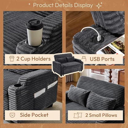 VINGLI Dark Gray Futon Sofa Bed Convertible Loveseat Sleeper Sofa Couch, Corduroy Pullout Sofa Fold Out Couch Bed with USB Ports, Cup Holders, Armrest for Living Room, Bedroom Apartment Room
