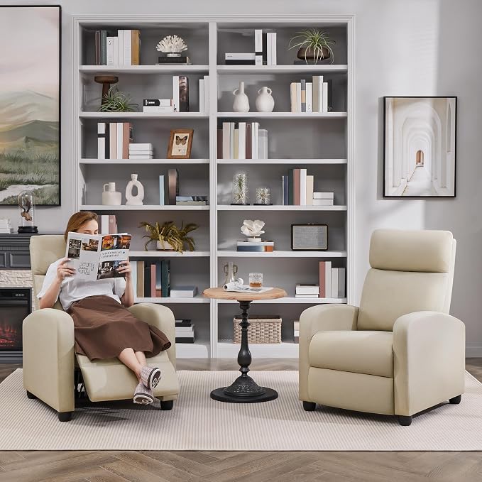 Topeakmart Fabric Recliner Sofa Push Back Recliner Chair Adjustable Modern Single Reclining Chair Upholstered Sofa with Pocket Spring Living Room Bedroom Home Theater Beige