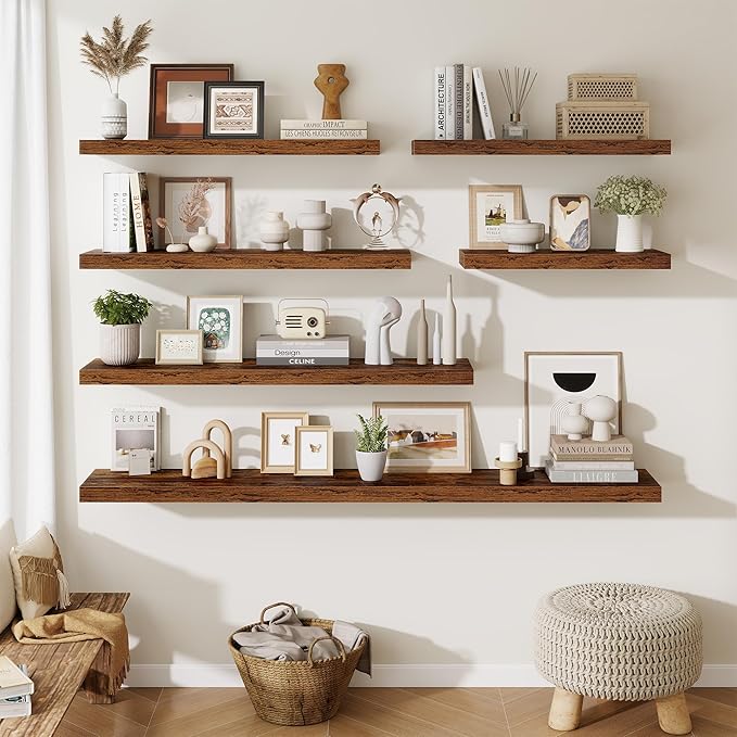 Fun Memories 72 Inch Fireplace Mantel Shelf, 10 Inch Deep Shelves for Display & Wall Storage, Rustic Wood Wall Shelf, Extra Long Floating Shelves for Living Room Laundry Room, Rustic Brown, Set of 2