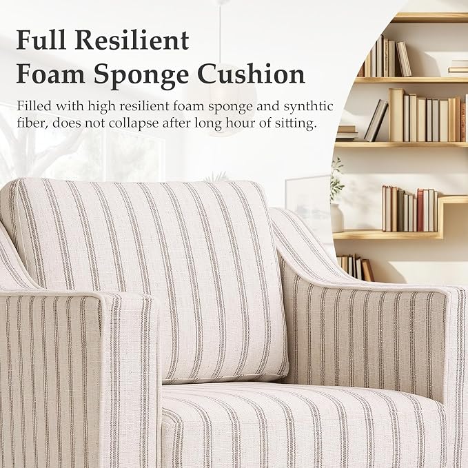 Swivel Accent Chairs Set of 2, 360° Swivel Upholstered Club Armchairs for Living Room, Comfy Fabric Single Sofa Reading Chair with Deep Seat, Metal Swivel Base, Pinstripe Light Brown