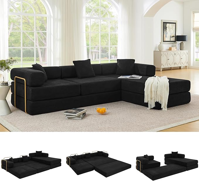 ivoros 108" Oversized Convertible Sleeper Sofa Bed, Corduroy L Shape Sectional Couch, Folding Sofa Bed with Fixed-Shape Frame, Modern Cloud Floor Mattress Couch, Modular Sofa for Living Room, Black