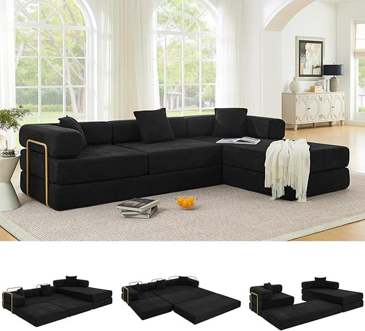 ivoros 108" Oversized Convertible Sleeper Sofa Bed, Corduroy L Shape Sectional Couch, Folding Sofa Bed with Fixed-Shape Frame, Modern Cloud Floor Mattress Couch, Modular Sofa for Living Room, Black