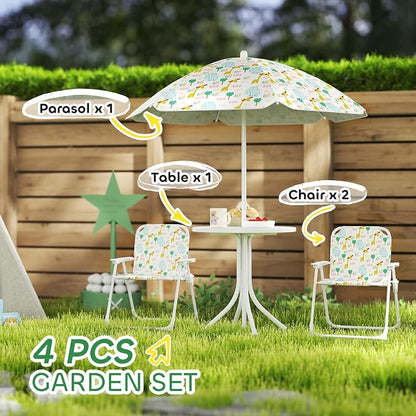 Qaba Kids Picnic Table and Chair Set, Outdoor Activity Table with Foldable Chairs, Removable Umbrella, Elephant and Giraffe Pattern Toddler Patio Furniture for Backyard, Garden, White
